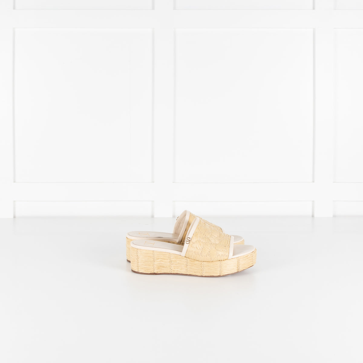 Valentino Garavani Beige Raffia Leather Platform Slides