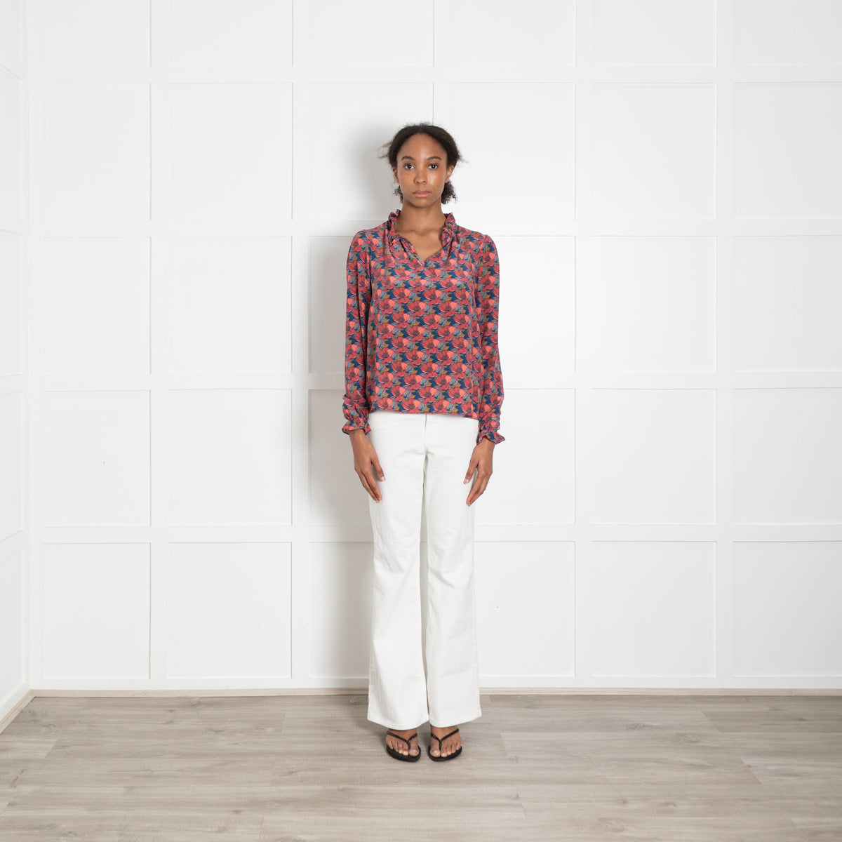 Ridley Pink Blue Silk Poppy Print Ruffle Detail Blouse