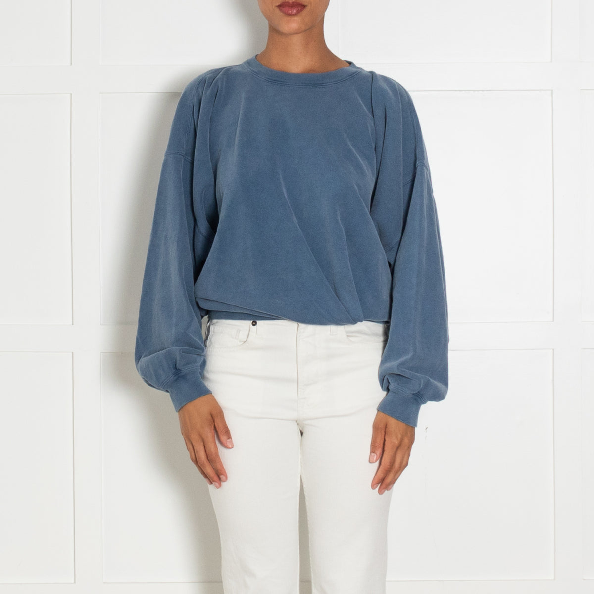 Isabel Marant Etoile Washed Blue Batwing Sleeve Crewneck With Embroidered Logo On Back Neckline - UK 8
