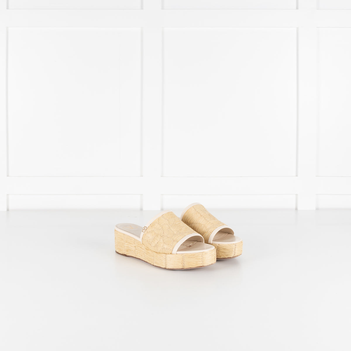 Valentino Garavani Beige Raffia Leather Platform Slides