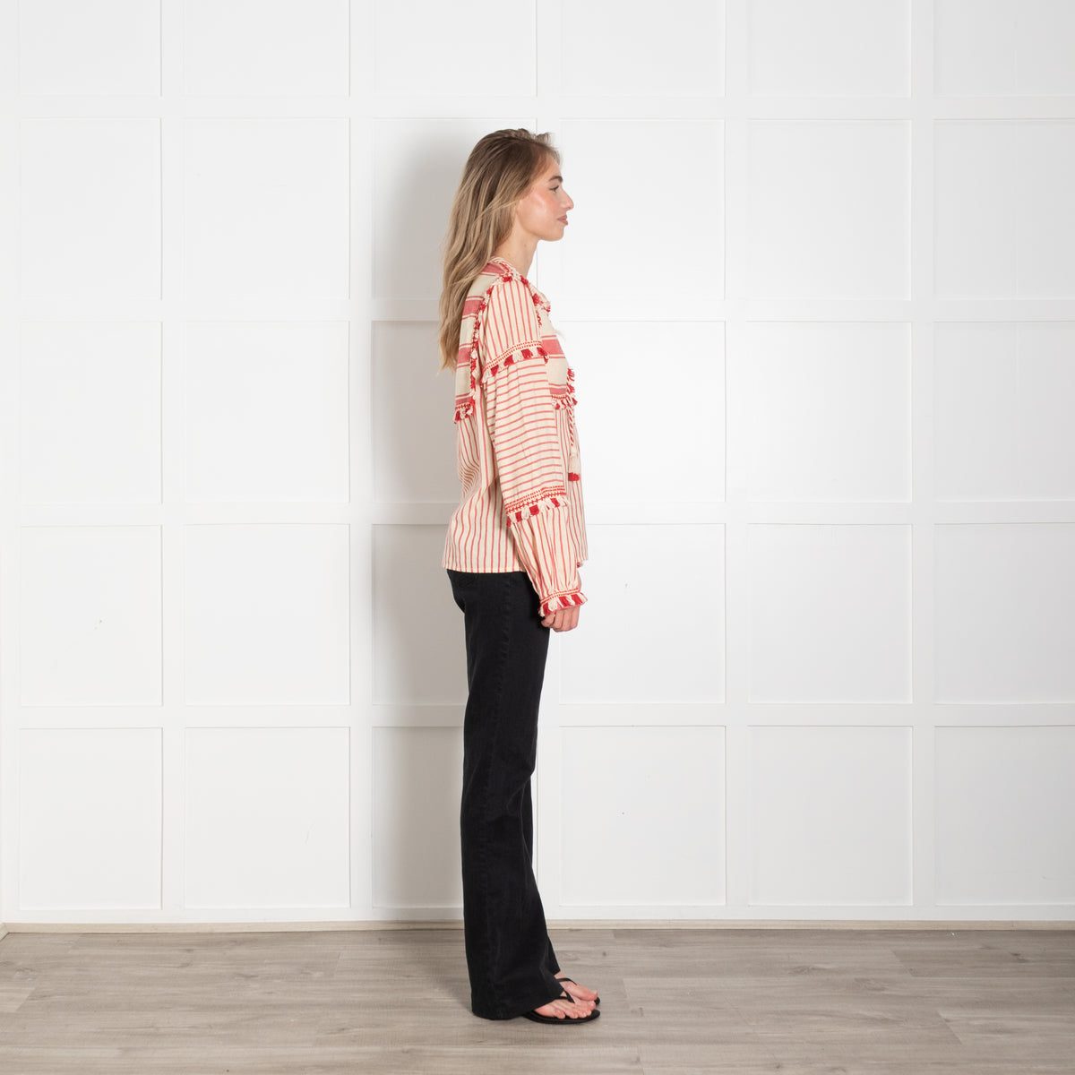Dodo Bar Or Cream Red Cotton Fringe Trim Kaftan Top