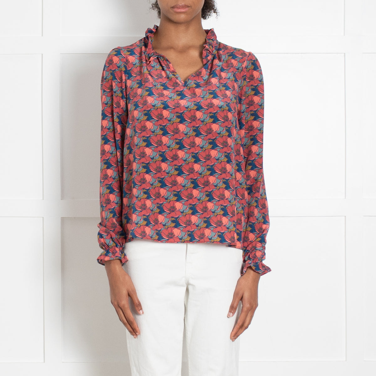 Ridley Pink Blue Silk Poppy Print Ruffle Detail Blouse