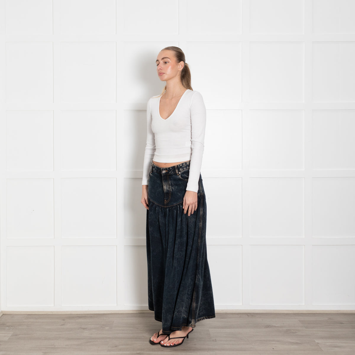 Ganni Dark Blue Stone Wash Denim Long Drop Waist Skirt