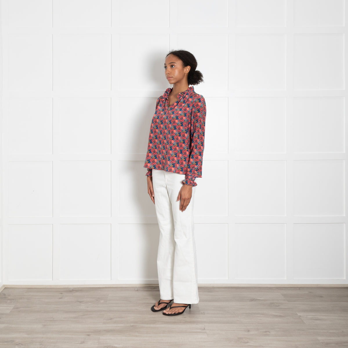 Ridley Pink Blue Silk Poppy Print Ruffle Detail Blouse