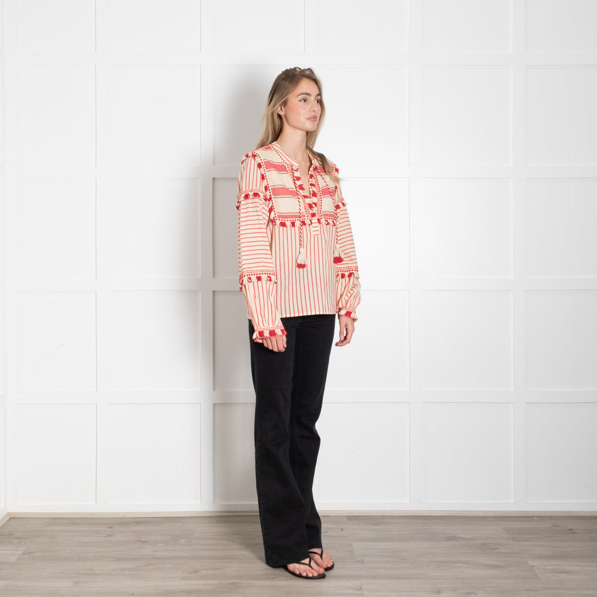 Dodo Bar Or Cream Red Cotton Fringe Trim Kaftan Top