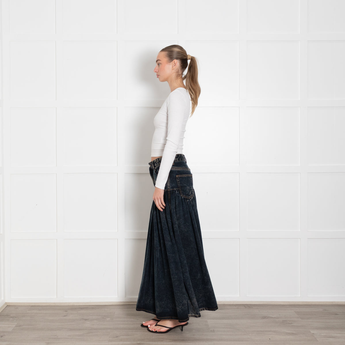 Ganni Dark Blue Stone Wash Denim Long Drop Waist Skirt