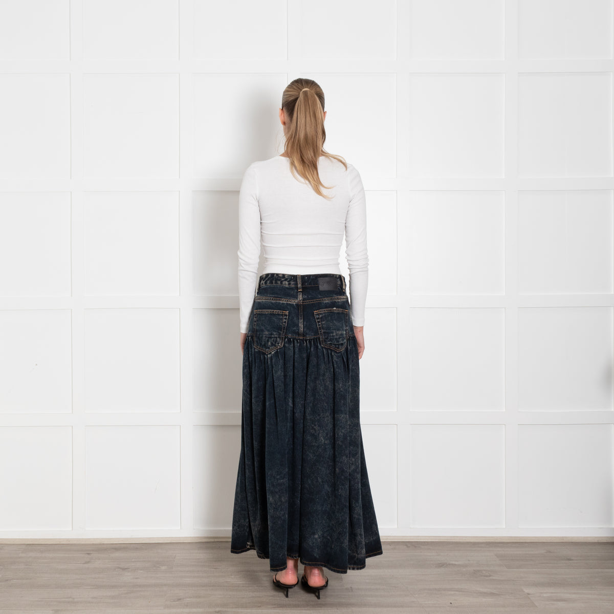 Ganni Dark Blue Stone Wash Denim Long Drop Waist Skirt