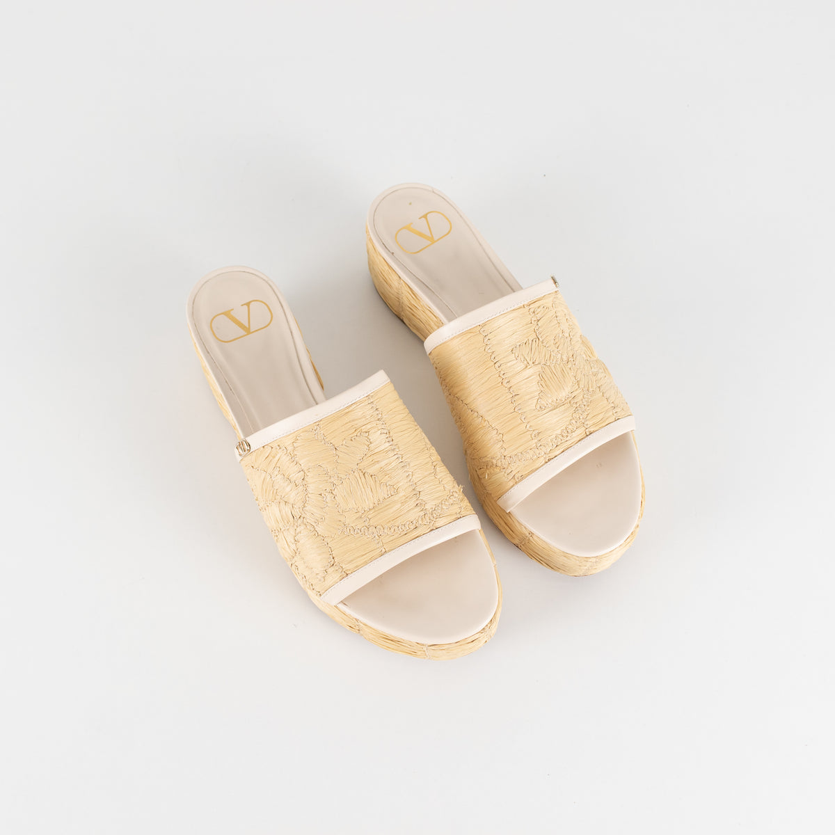 Valentino Garavani Beige Raffia Leather Platform Slides