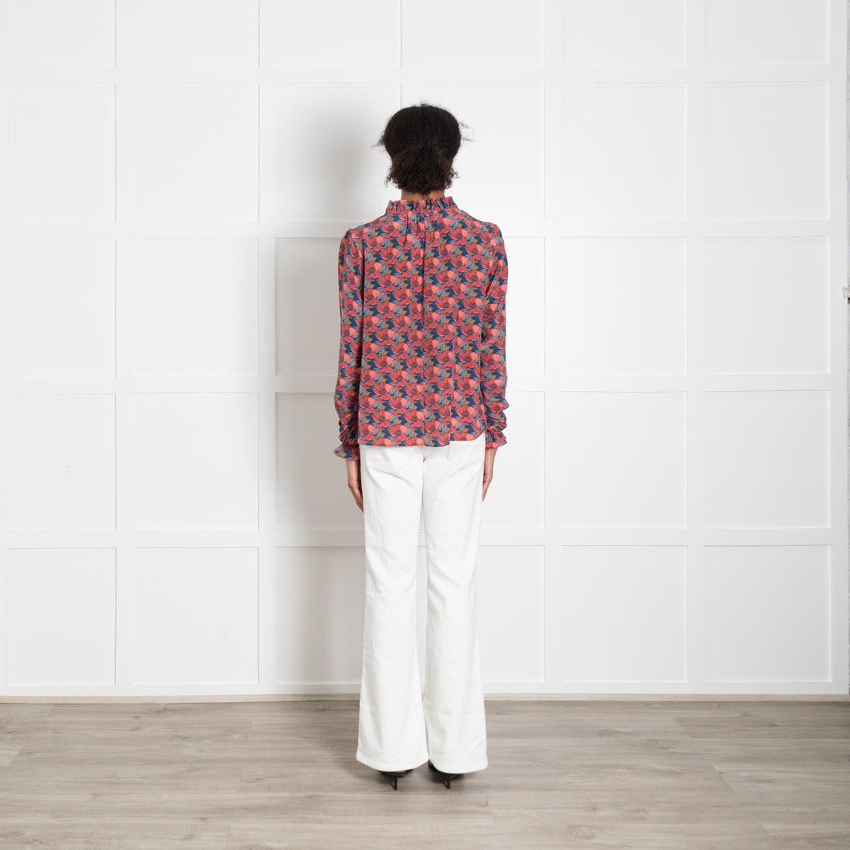Ridley Pink Blue Silk Poppy Print Ruffle Detail Blouse