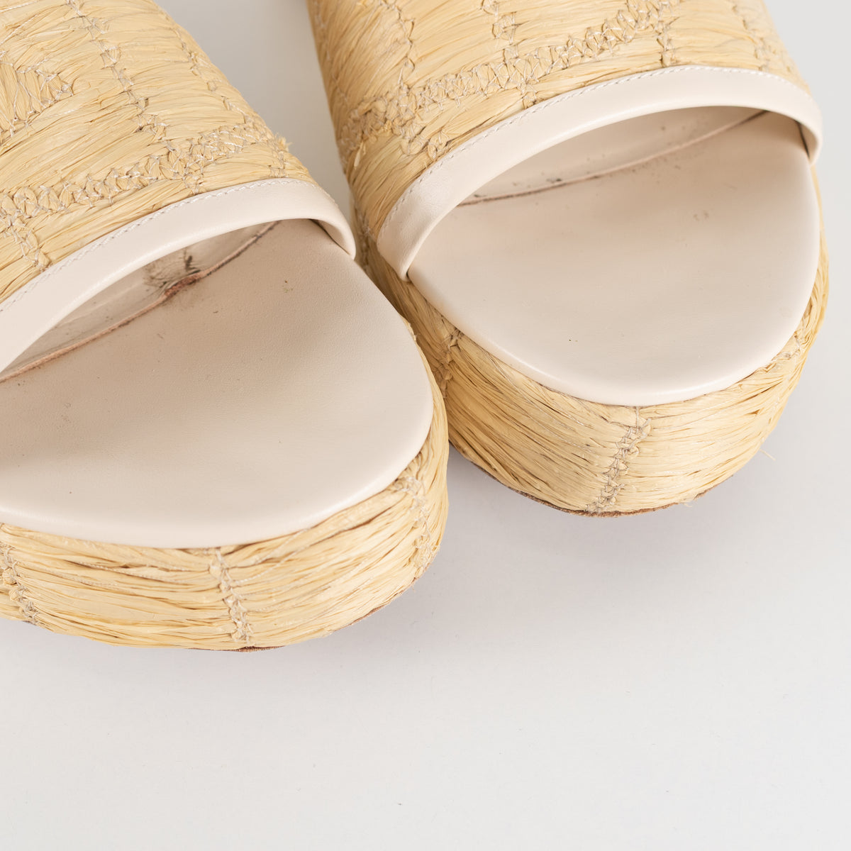Valentino Garavani Beige Raffia Leather Platform Slides