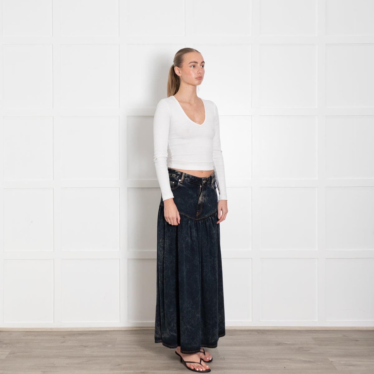Ganni Dark Blue Stone Wash Denim Long Drop Waist Skirt