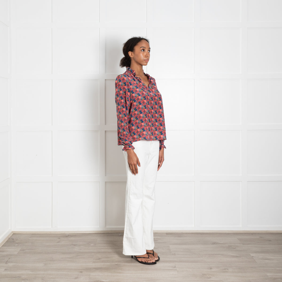 Ridley Pink Blue Silk Poppy Print Ruffle Detail Blouse