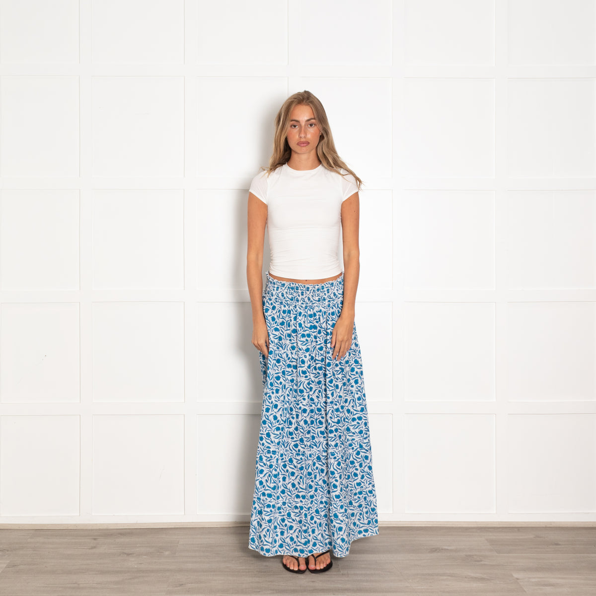 Pink City Prints Blue and White Floral Block Print Maxi Skirt with Shirred Waist
