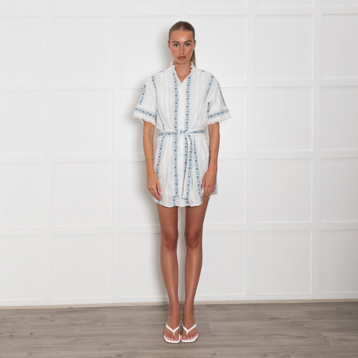 Sezane White Blue Embroidered Belted Mini Dress