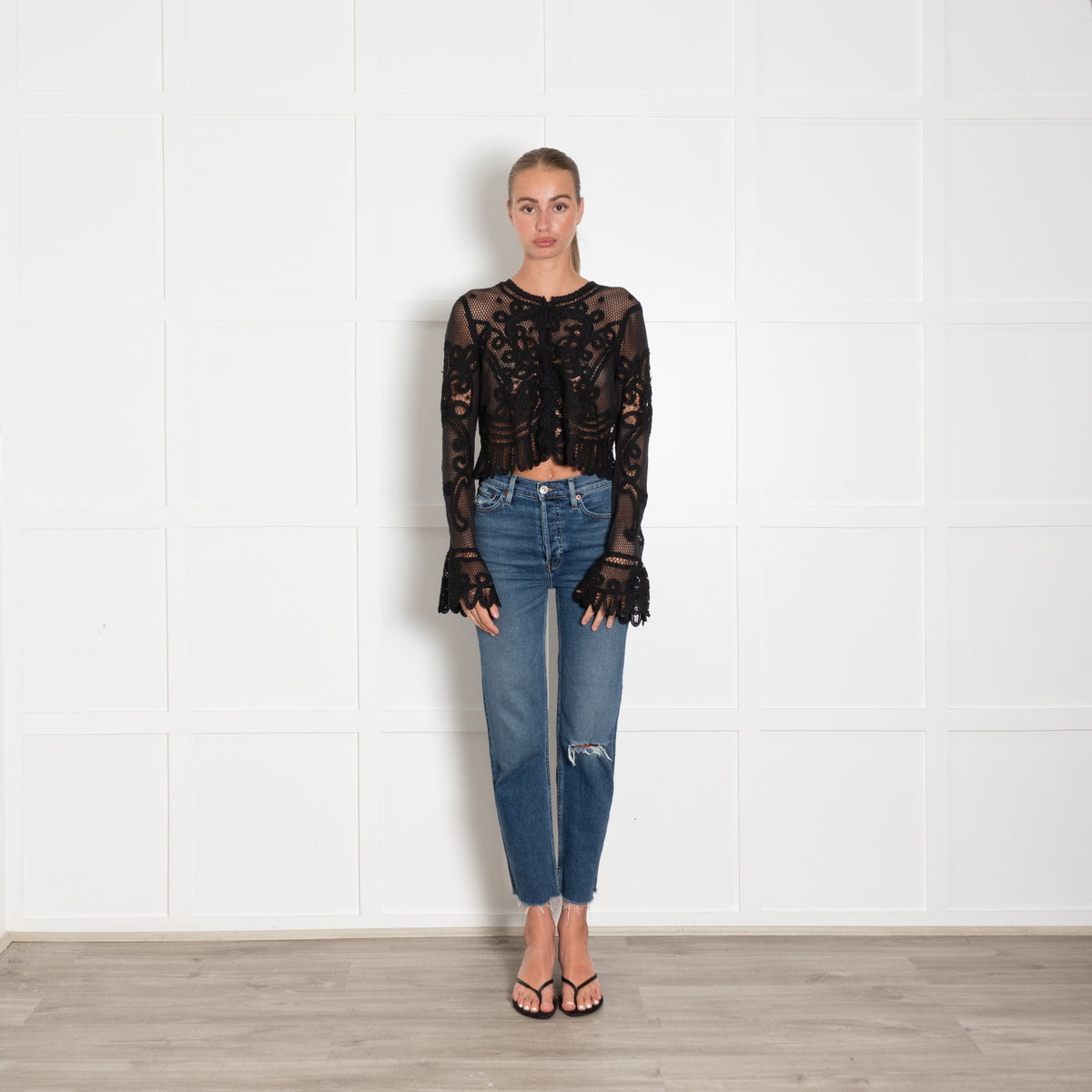 LoveShackFancy Black Lace Knit Flare Sleeve Cardigan