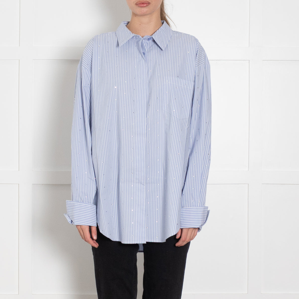 The Good American Rhinestone Stripe Poplin Blue Shirt