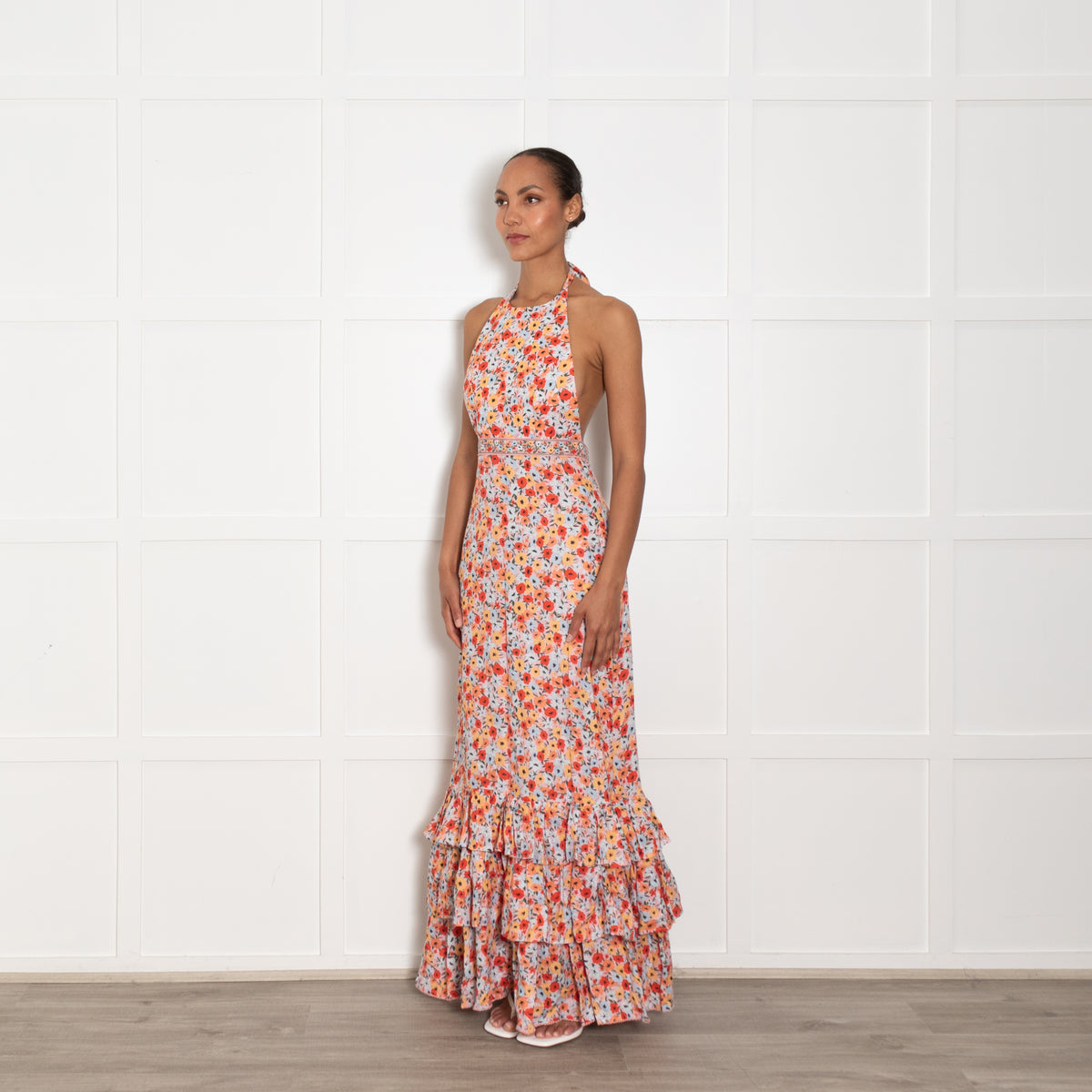 Agua Bendita Pink Blue Red Floral Linen Halter Maxi Dress