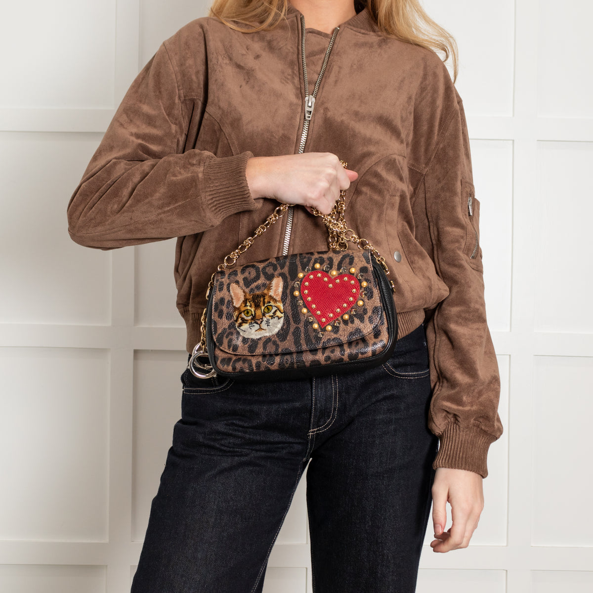 Dolce & Gabbana Brown Leopard Print Fabric Cat Heart Motif Shoulder Bag