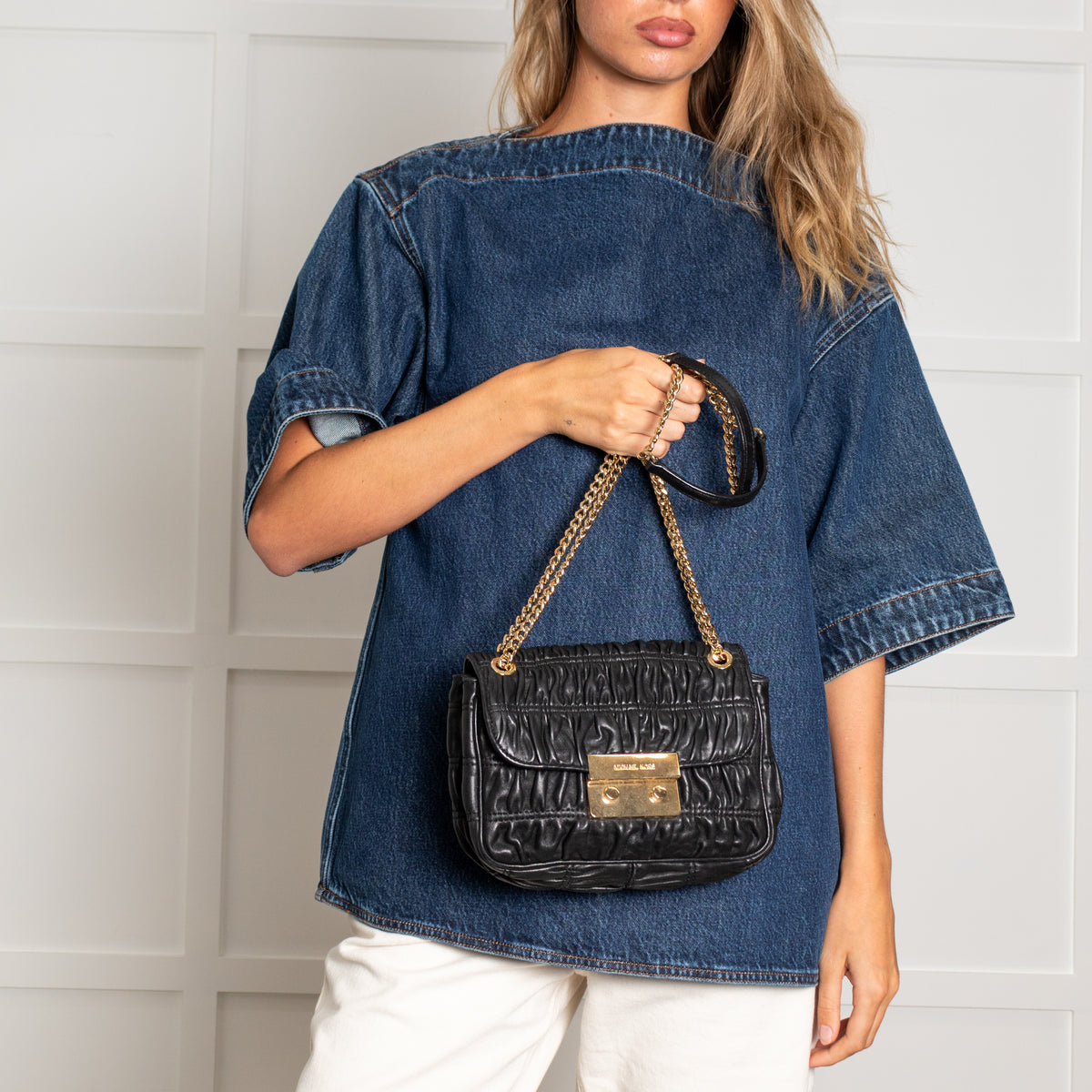 Michael Kors Black Leather Ruched Gold Chain Small Crossbody