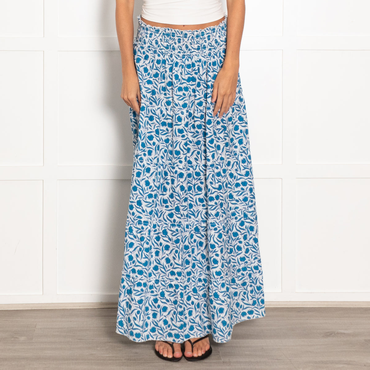 Pink City Prints Blue and White Floral Block Print Maxi Skirt with Shirred Waist