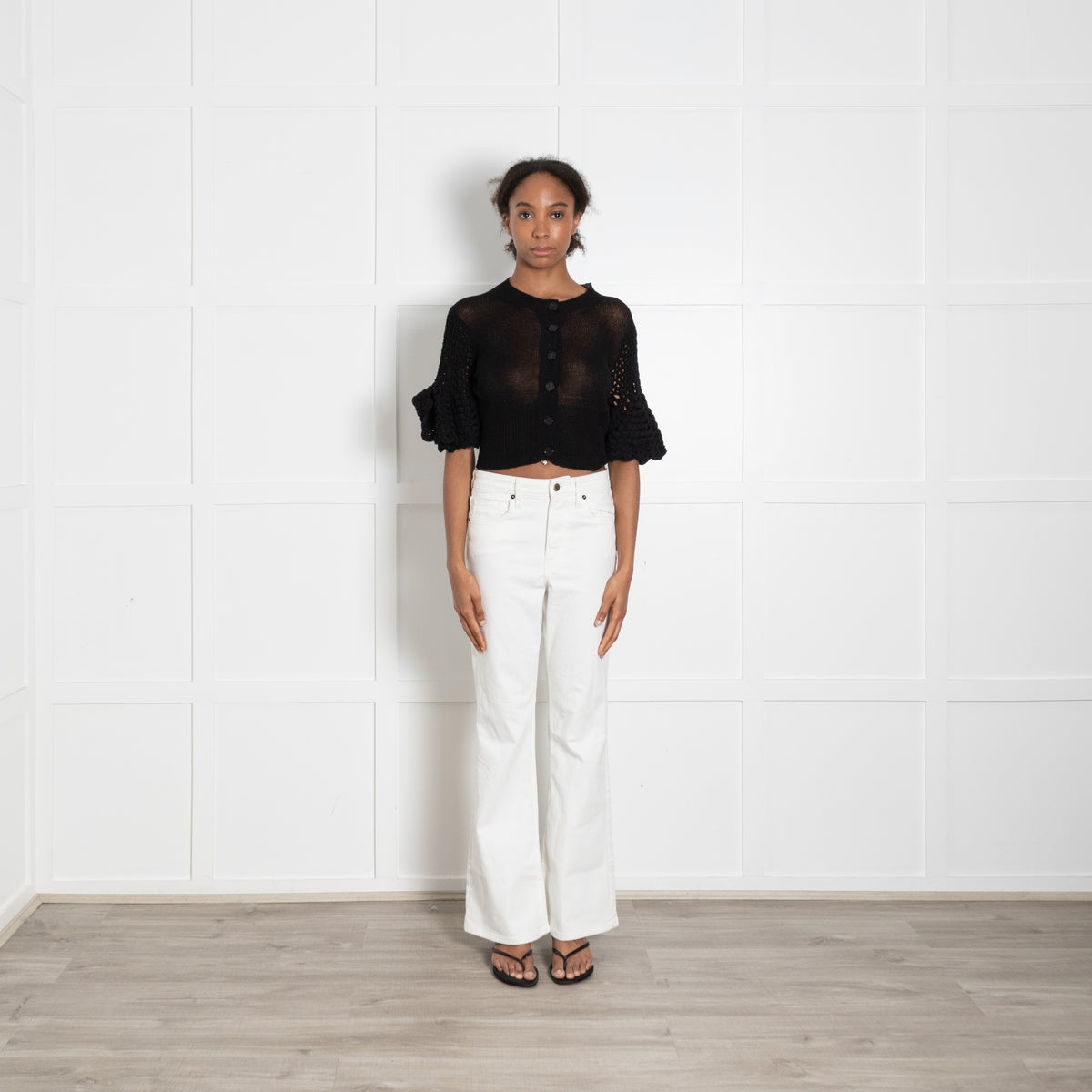 By Malene Birger Black Linen Cotton Blend Crochet Sleeved Cardigan