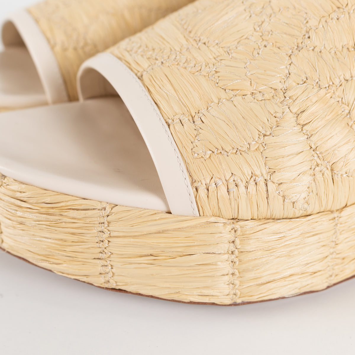 Valentino Garavani Beige Raffia Leather Platform Slides