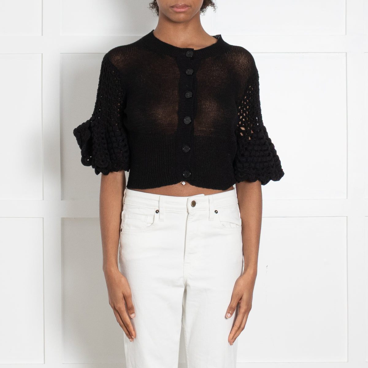 By Malene Birger Black Linen Cotton Blend Crochet Sleeved Cardigan
