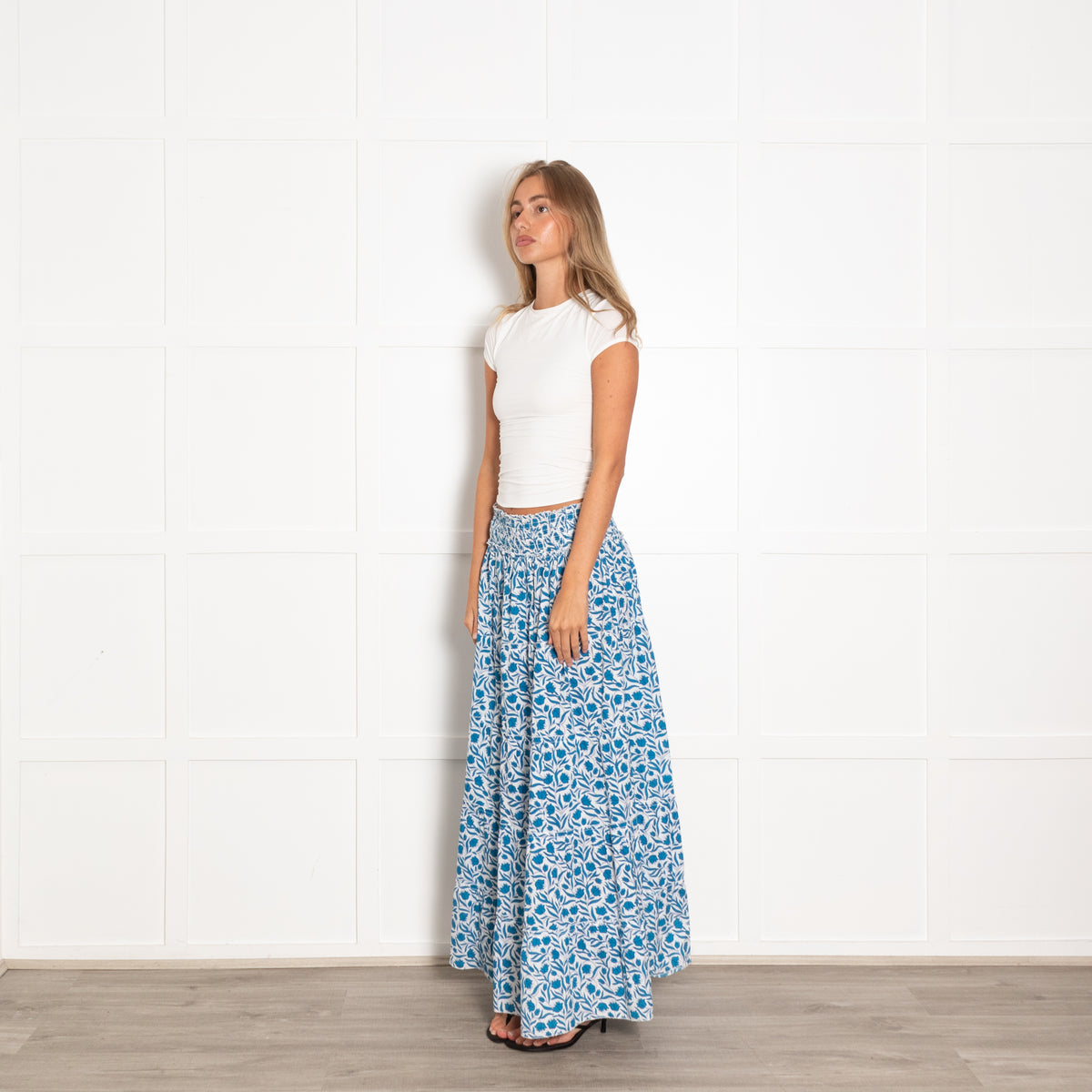 Pink City Prints Blue and White Floral Block Print Maxi Skirt with Shirred Waist