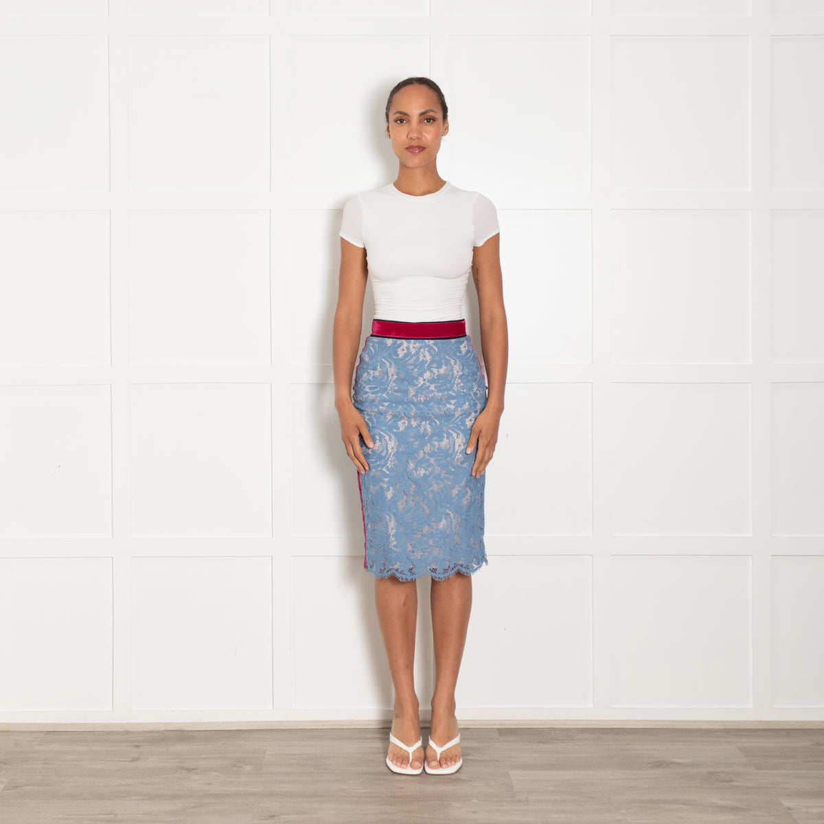 MSGM Blue Lace Pink Velvet Trim Pencil Skirt