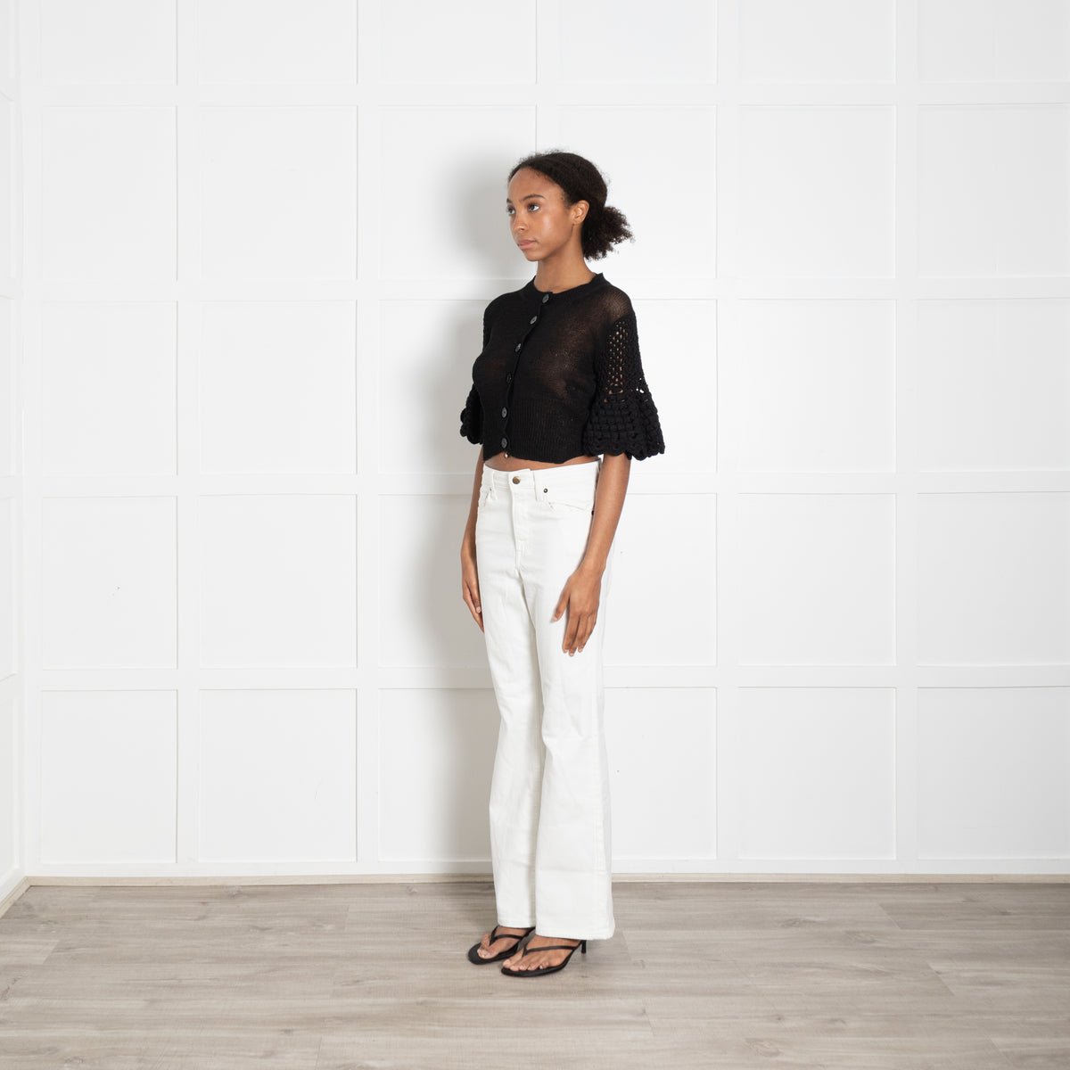 By Malene Birger Black Linen Cotton Blend Crochet Sleeved Cardigan