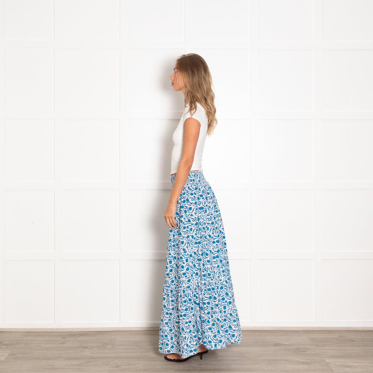 Pink City Prints Blue and White Floral Block Print Maxi Skirt with Shirred Waist