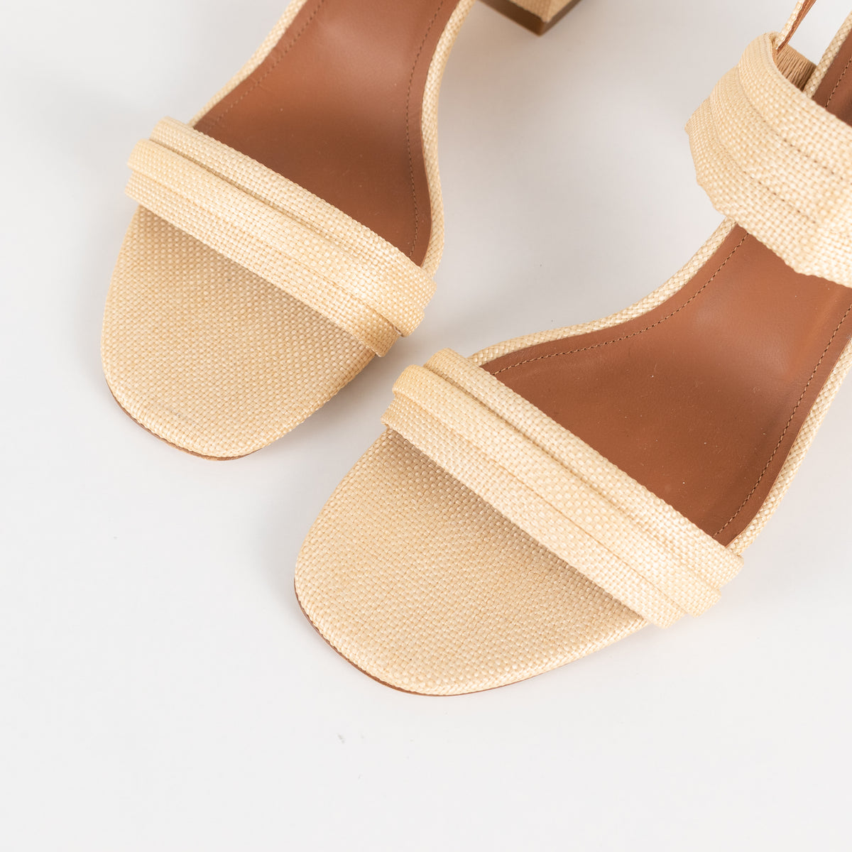 Malone Souliers Light Tan Raffia Block Heel Sandals