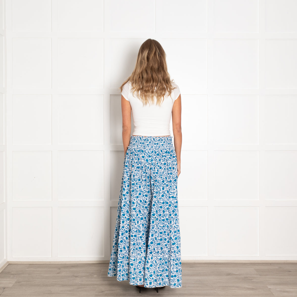 Pink City Prints Blue and White Floral Block Print Maxi Skirt with Shirred Waist