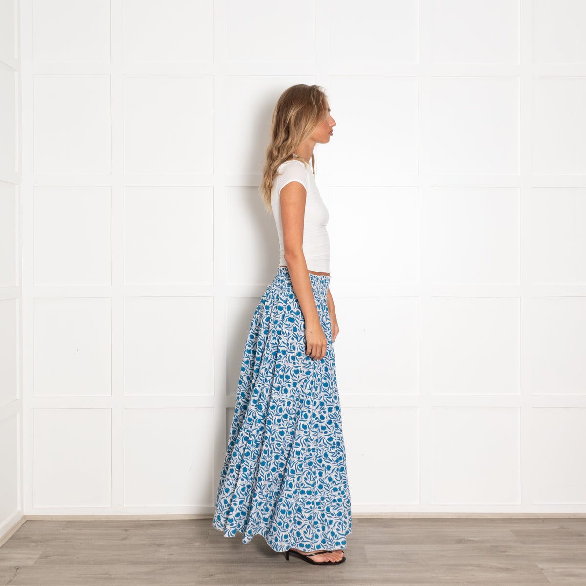 Pink City Prints Blue and White Floral Block Print Maxi Skirt with Shirred Waist