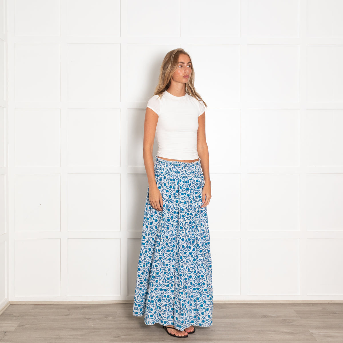 Pink City Prints Blue and White Floral Block Print Maxi Skirt with Shirred Waist