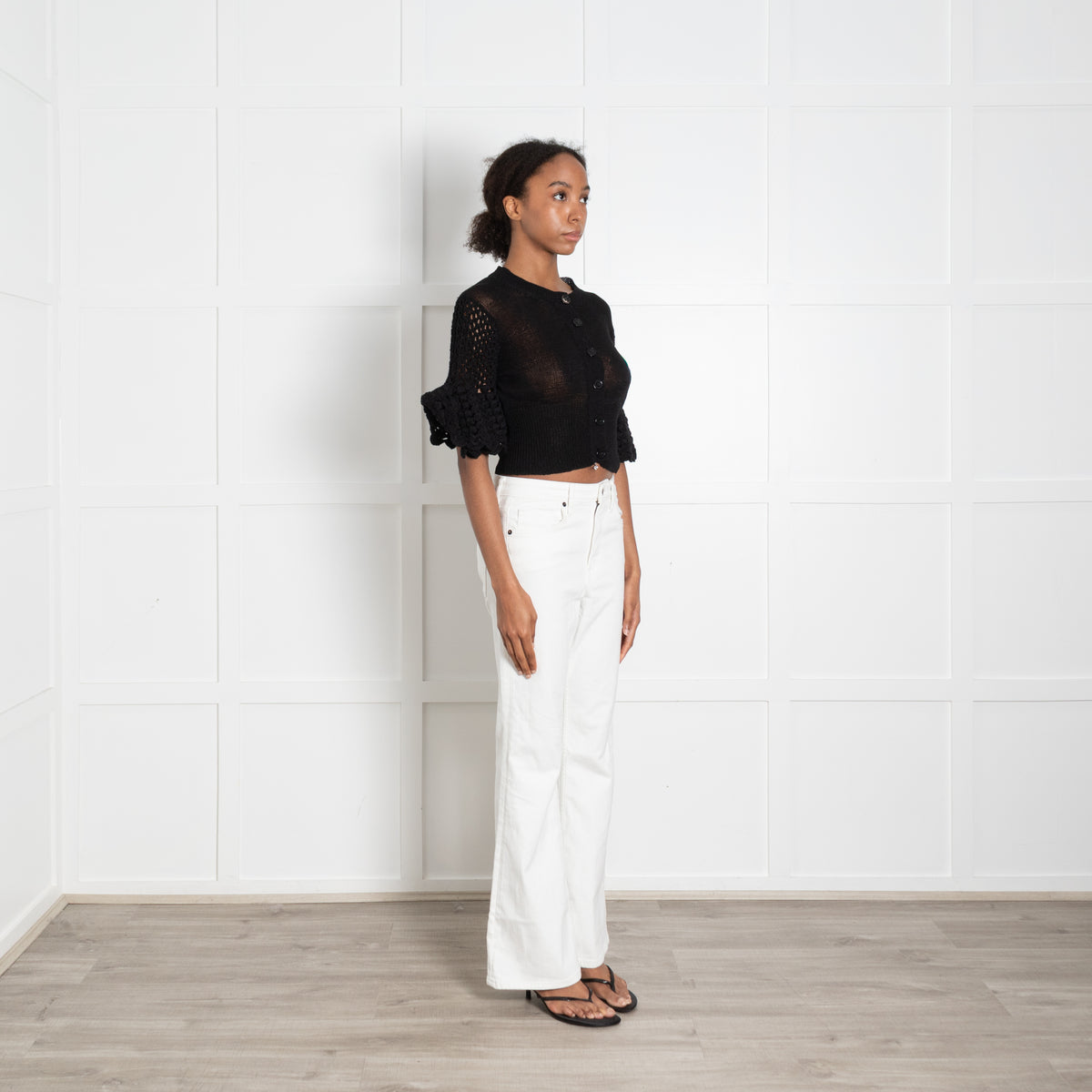 By Malene Birger Black Linen Cotton Blend Crochet Sleeved Cardigan
