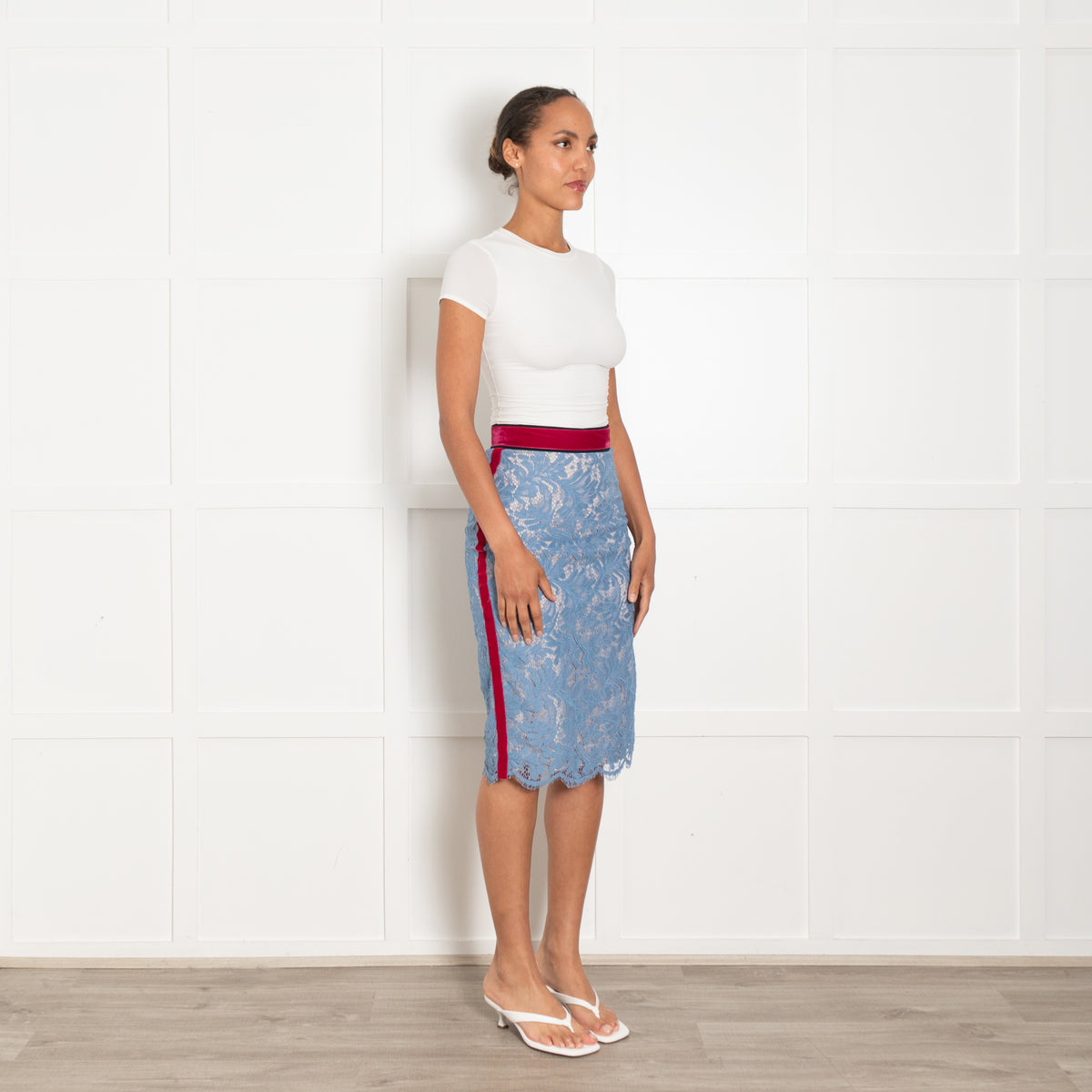 MSGM Blue Lace Pink Velvet Trim Pencil Skirt