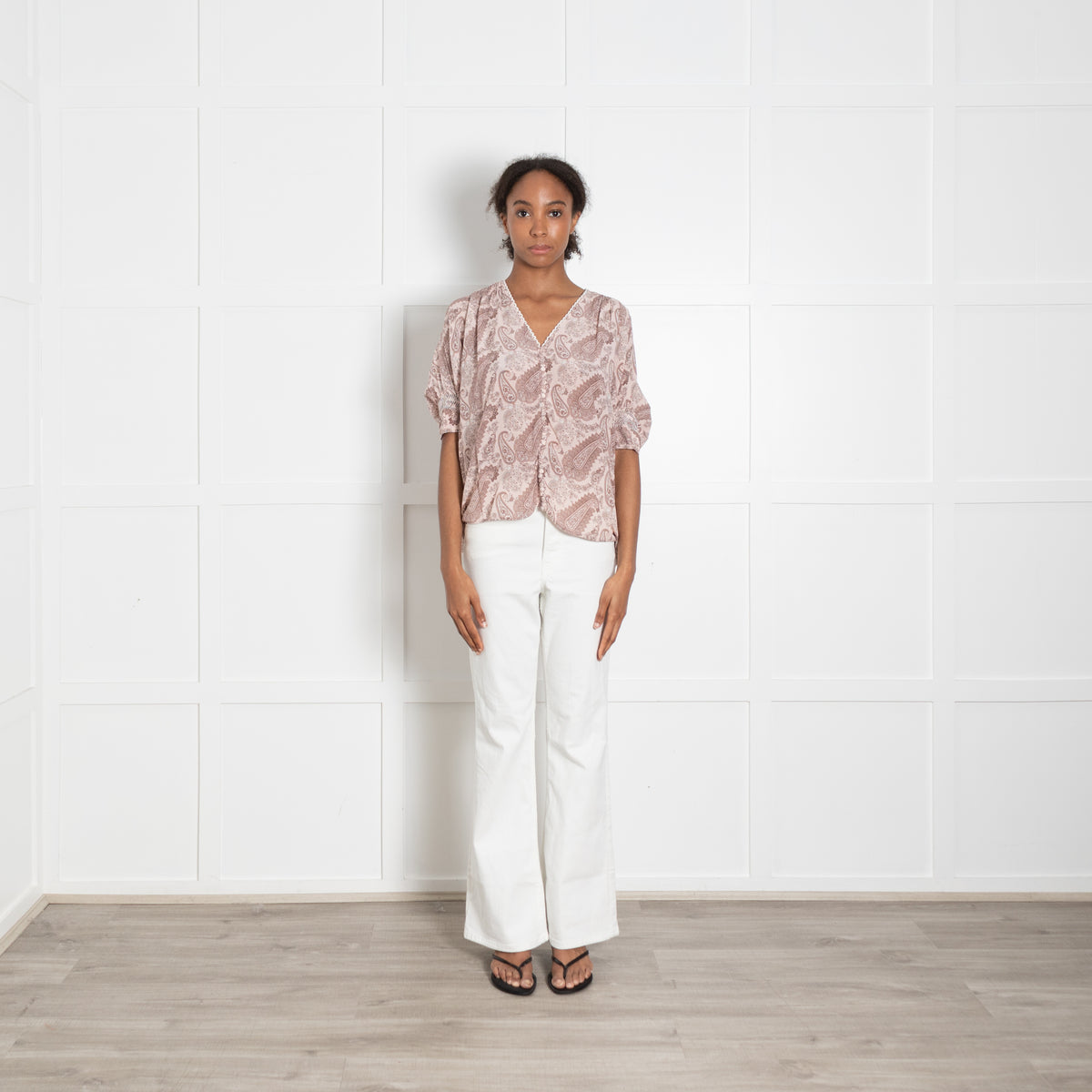 Pyrus Pink Brown Paisley Print Silk Button Front Blouse