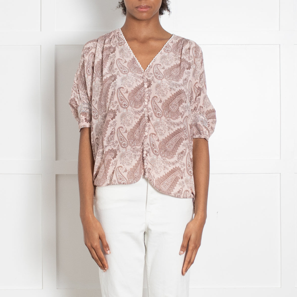 Pyrus Pink Brown Paisley Print Silk Button Front Blouse