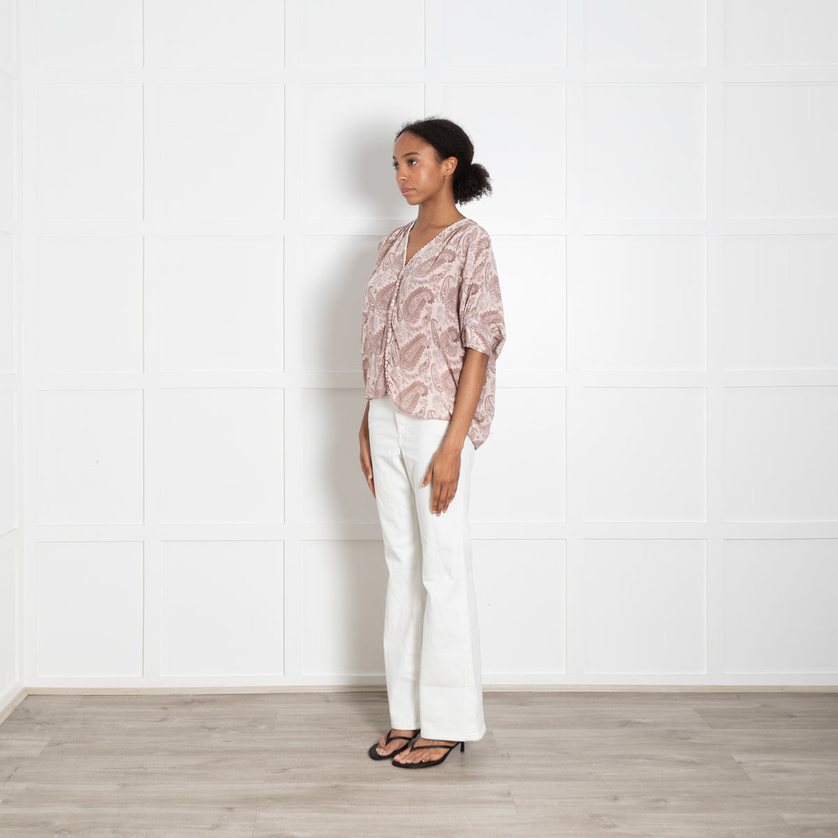 Pyrus Pink Brown Paisley Print Silk Button Front Blouse