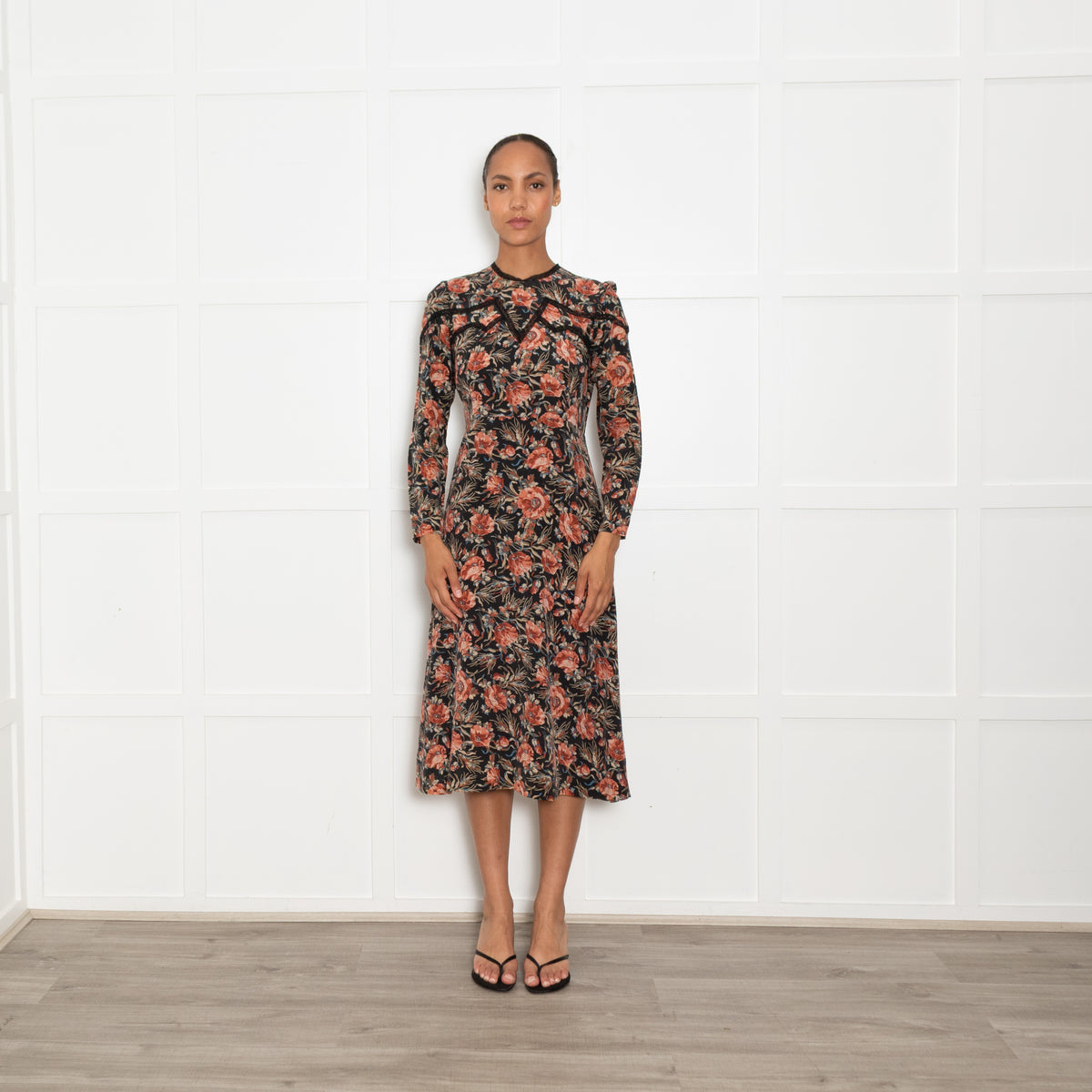 Sandro Black and Blush Floral Silk Long Sleeve Mini Dress