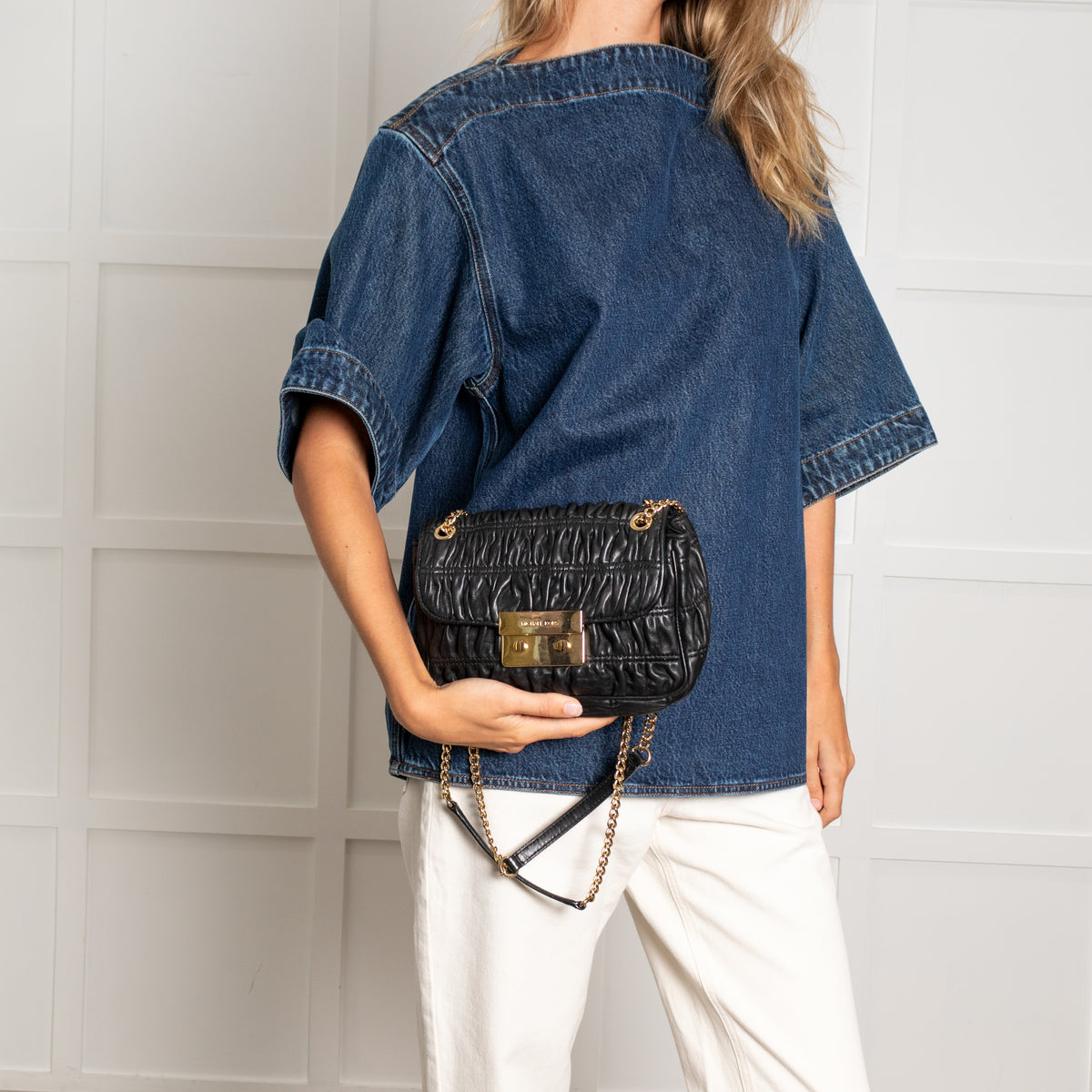 Michael Kors Black Leather Ruched Gold Chain Small Crossbody