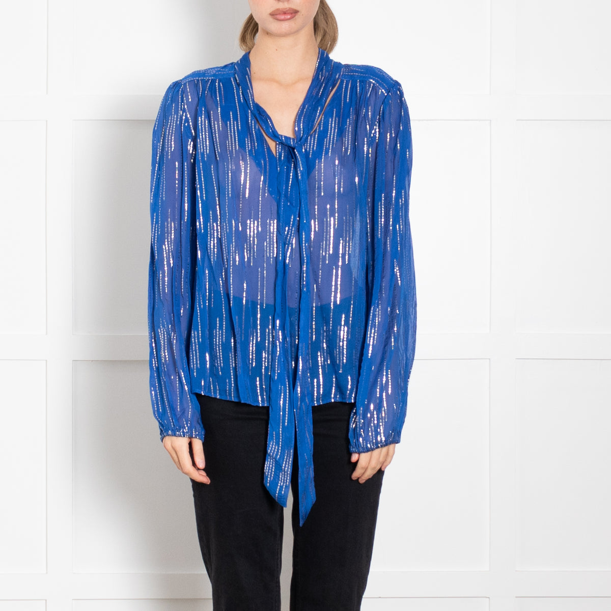 Rixo Royal Blue Raindrop Top With Gold Thread Detail