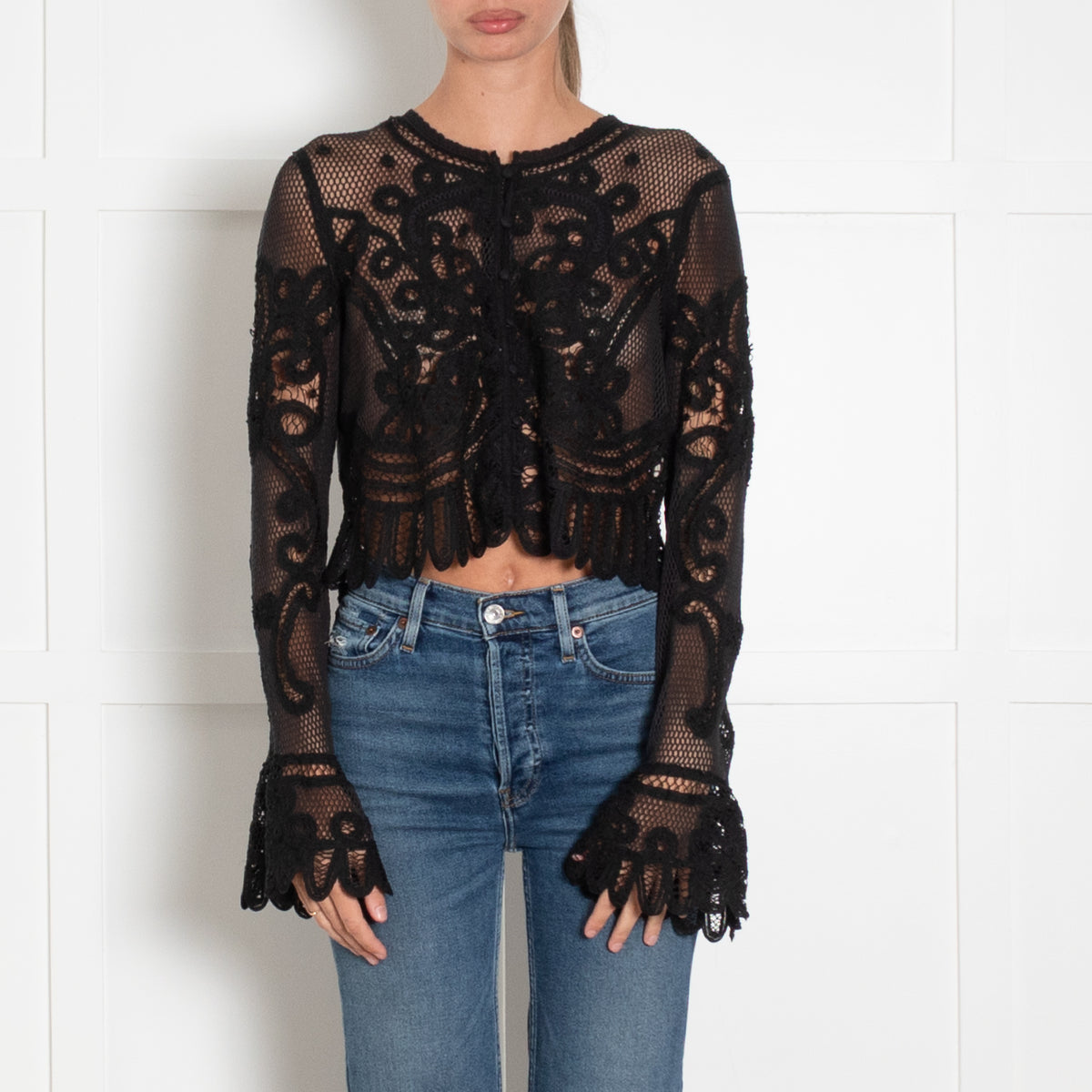 LoveShackFancy Black Lace Knit Flare Sleeve Cardigan