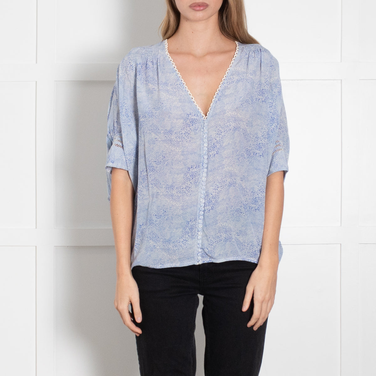 Pyrus x Trilogy Blue and White Poncho Style Silk Blouse