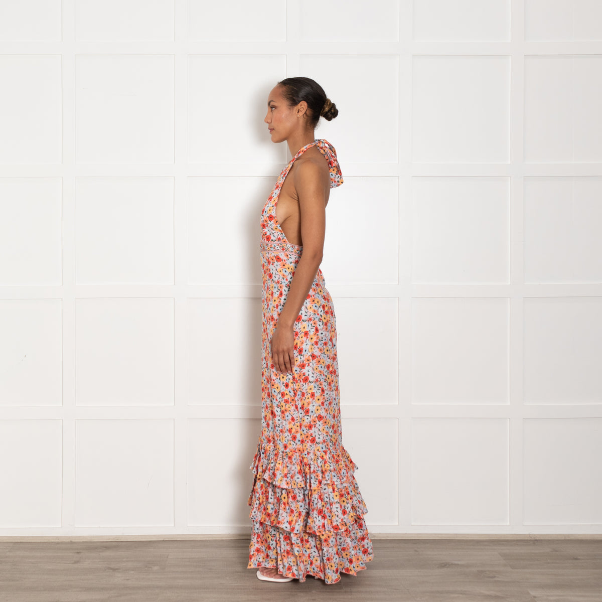 Agua Bendita Pink Blue Red Floral Linen Halter Maxi Dress