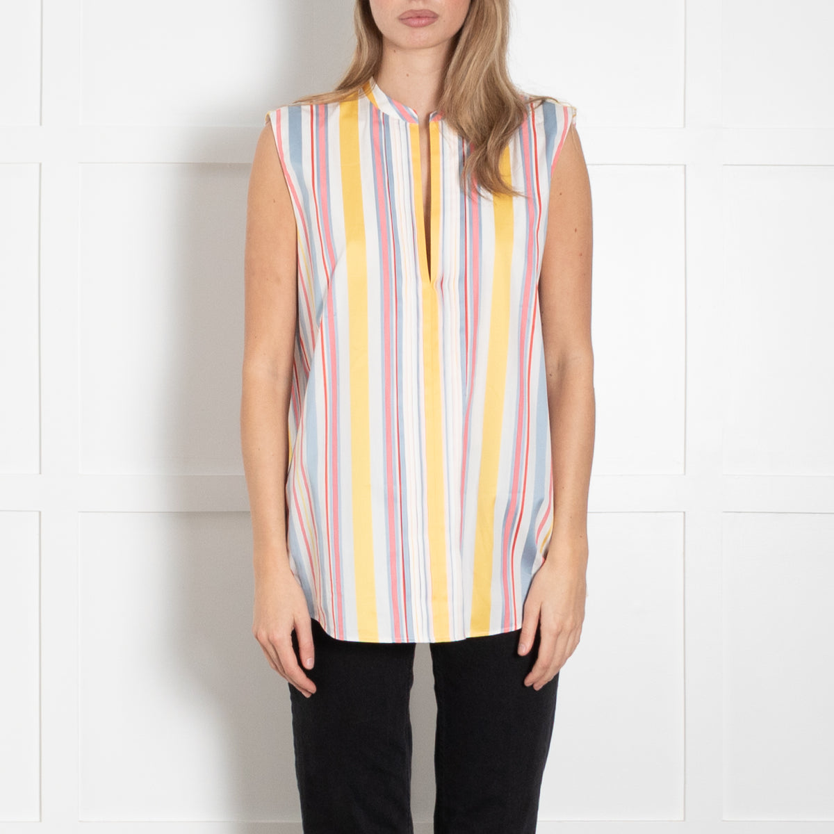 Loro Piana Cream Blue Yellow Striped Sleeveless Cotton Top