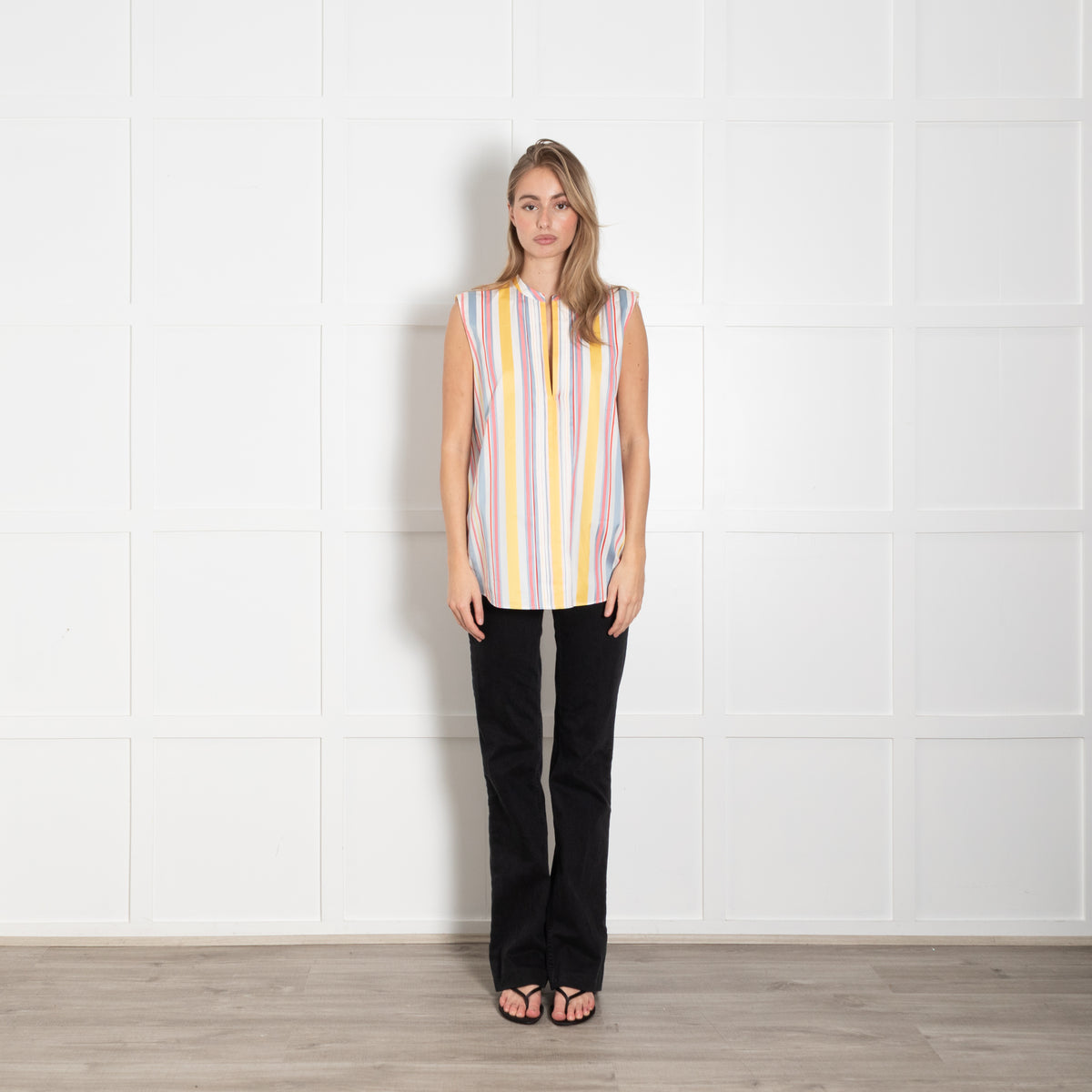 Loro Piana Cream Blue Yellow Striped Sleeveless Cotton Top