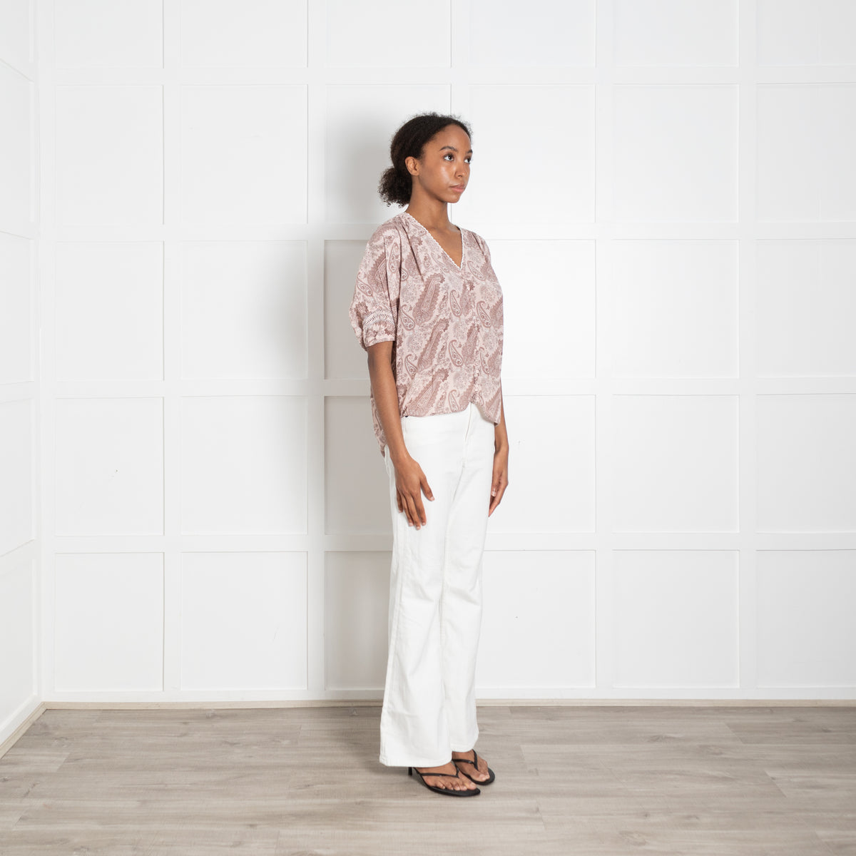 Pyrus Pink Brown Paisley Print Silk Button Front Blouse