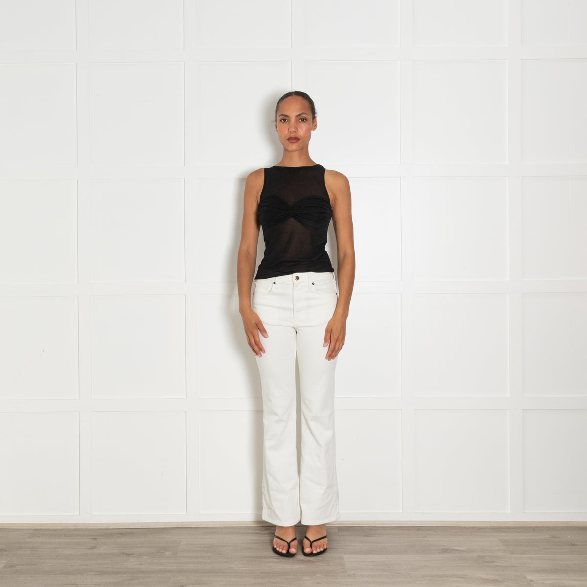 Reformation Black Sheer Tank Top With Ruched Chest Detail